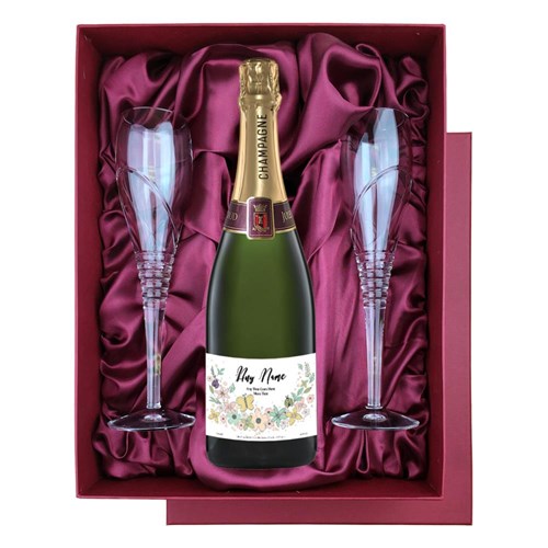Personalised Champagne - Art 1 Label in Red Luxury Presentation Set With Flutes
